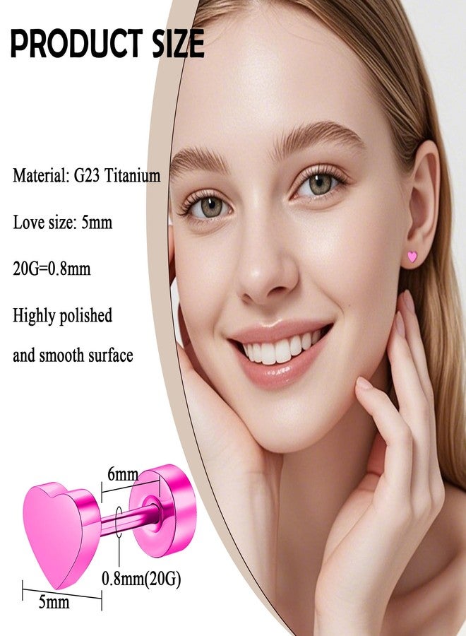 BLISI Titanium Heart Earrings 20G Hypoallergenic Pink Heart Studs for Sensitive Ears Screw on Flat Back Nap Earrings, Cute Classic Jewelry Present for Women & Men - Image 4